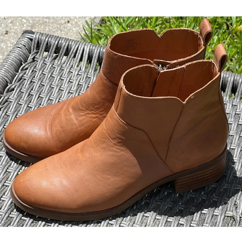 Lucky Brand Prenma Cognac Leather Ankle Boot Booties Womens 7.5 Side Zip Western